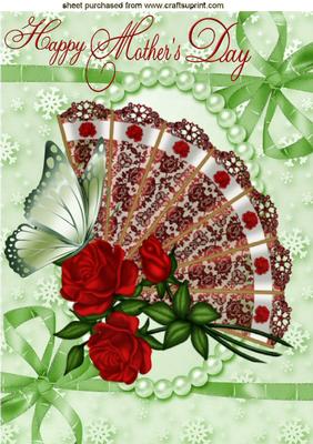 Lace Fan with Red Roses and Green Butterflies for Mum A4
