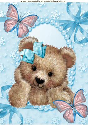 Cuddly Brown Bear with Turq Butterflies A4