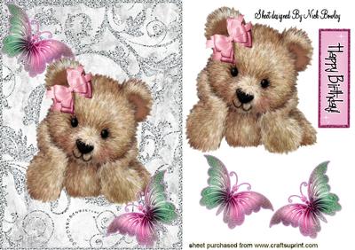 Cuddly Brown Teddy in Pink, with Butterflies