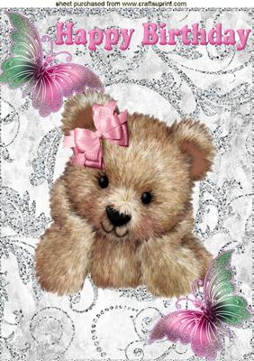 Cuddly Brown Bear in Pink with Butterflies A4