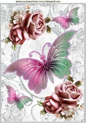 Pink Butterflies Pink Roses in Sparkle Frame A4
