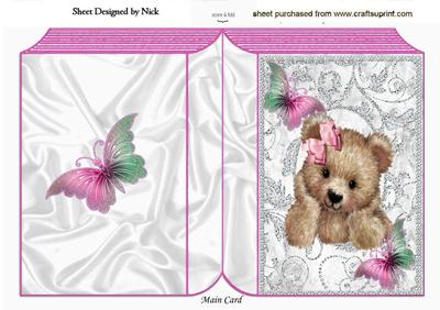 Cuddly Brown Teddy in Pink, with Butterflies Folded Book