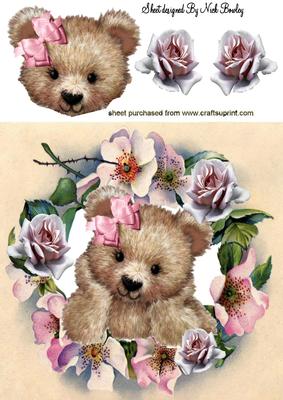 Brown Teddy in Flower Wreath of Roses 8x8