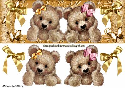 Cuddly Brown Bears in Gold Butterfly Dl Frame