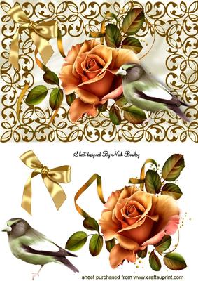 Gold Roses and Little Bird in Ornate Frame