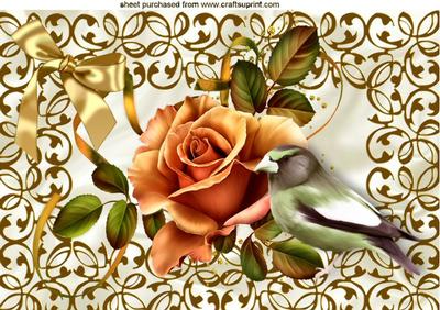 Gold Roses and Little Bird in Ornate Frame A4