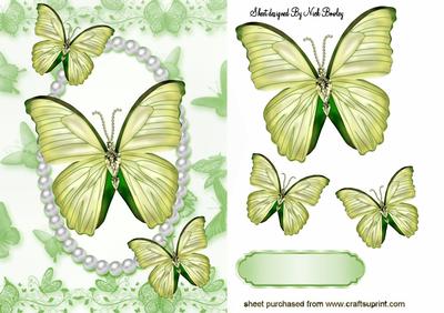 Pretty Green Butterflies in Pearl Frame