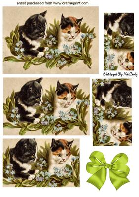 Kittens with Flowers and Green Bow Pyramids