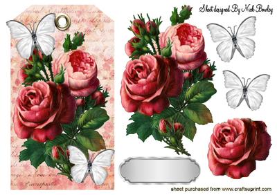 Vintage Red Roses and Silver Butterflies on a Tag