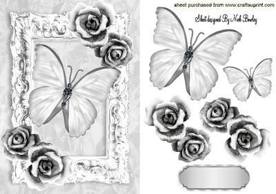 Silver Roses in Frame with Butterfly