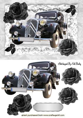 Vintage Black Car in Ornate Framewith Black Roses
