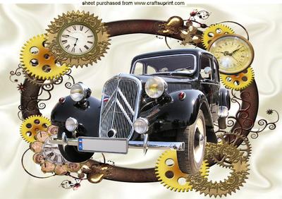 Vintage Car in Steampunk Frame with Clocks A4