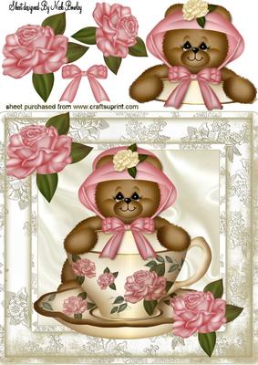 Teddy in Bonnet with Teacup 8x8