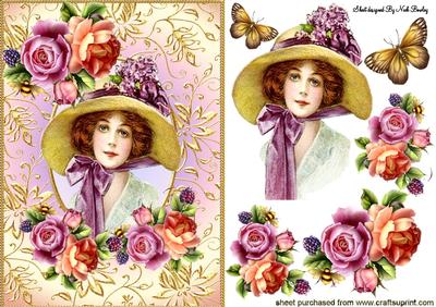 Vintage Lady in Bonnet in Summer Roses