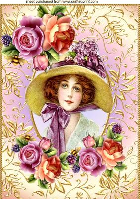 Vintage Lady in Bonnet in Summer Roses A4