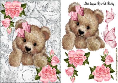 Teddy with Corner Pink Roses in Sparkle Frame