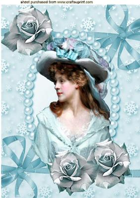 Vintage Lady in Bonnet of Flowers, Blue Roses A4