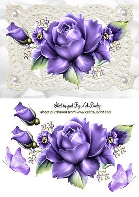 Purple Roses on Vintage Lace with Butterflies and Pearls