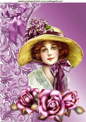 Pretty Lady with Pink Roses in a Flower Bonnet A4
