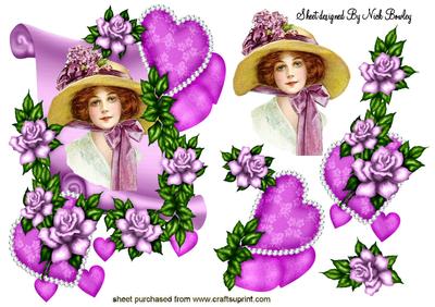 Lady in Bonnet on Scroll of Hearts & Roses