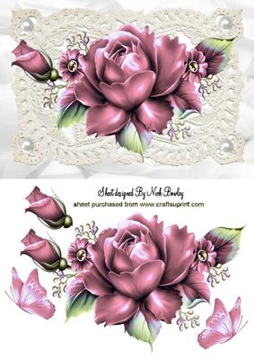Pink Roses on Vintage Lace with Pearls