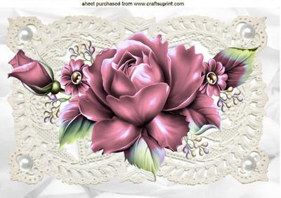 Pink Roses on Vintage Lace with Pearls A4