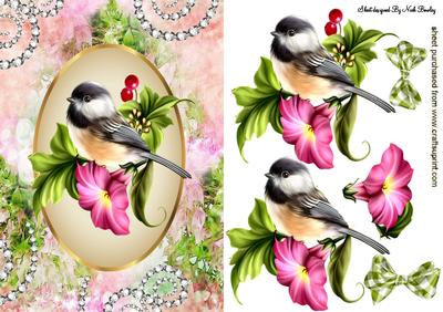 Little Bird on a Branch with Flowers