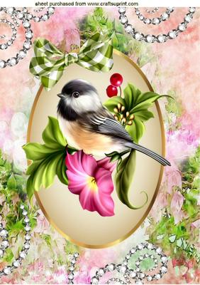 Little Bird on a Branch with Flowers A4