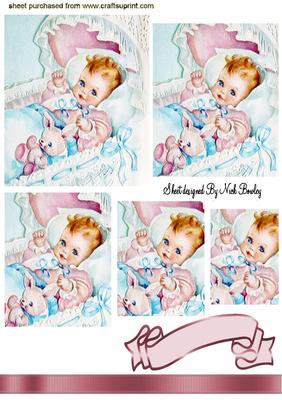 Vintage Baby Girl in Crib with Bunny Pyramids