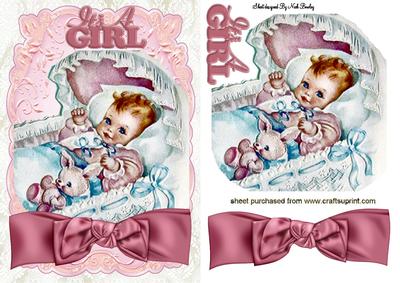 Vintage Baby Girl in Crib with Bunny & Bow