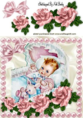 Sweet Baby Girl with Bunny in a Crib with Roses 8x8