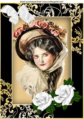 Vintage Lady in Bonnet with Roses and Bows A4