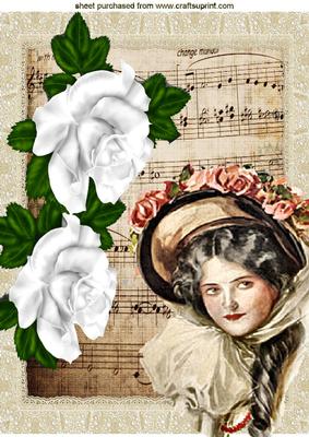 Vintage Lady with White Roses on Music Sheet A4