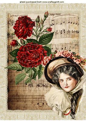 Vintage Lady with Red Roses on Music Sheet A4