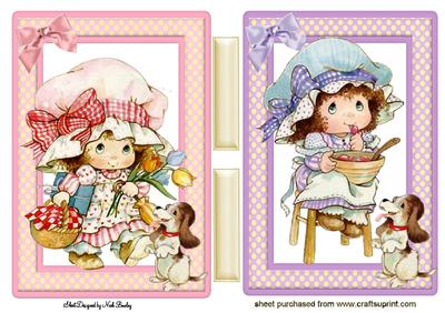 Little Vintage Girls in Bonnets with Puppies