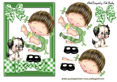 Little Girl with Puppy with Green Gingham Bow