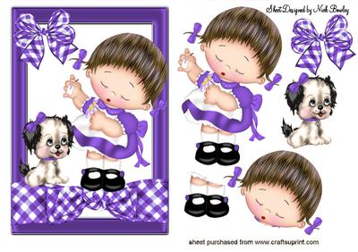 Little Girl with Puppy with Purple Gingham Bow
