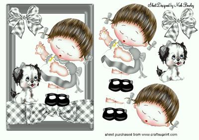 Little Girl with Puppy with Silver Gingham Bow
