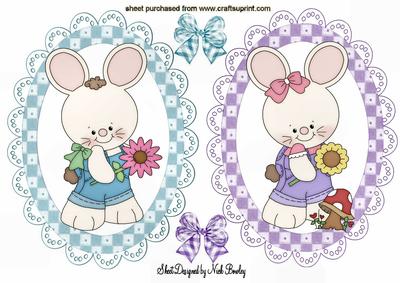Spring Bunnies with Flowers in Lace Gingham Toppers