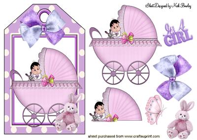 Baby Girl in a Pram with Cuddle Bunny on a Tag
