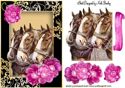 Horses in Gold/black Frame with Pink Flowers