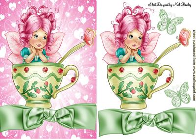 Faerie in Teacup with Hearts and Butterflies