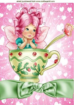 Faerie in Teacup with Hearts and Butterflies A4