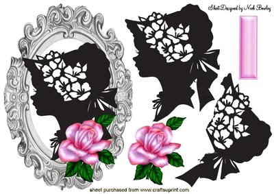 Silhouette of Vintage Lady in Hat with Rose