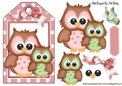 Cute Owls on a Tag with Bow and Butterfly