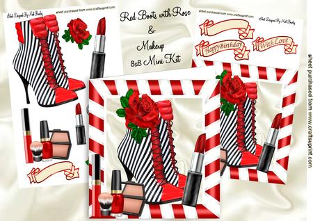 Red/white Stripe Boot with Rose & Makeup 8x8 Mini Kit