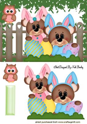 Easter Bunnies in the Garden with Owl