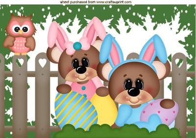Easter Bunnies in the Garden with Owl A4