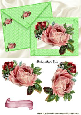 Vintage Pink Roses for a Lady, on Card & Envelope