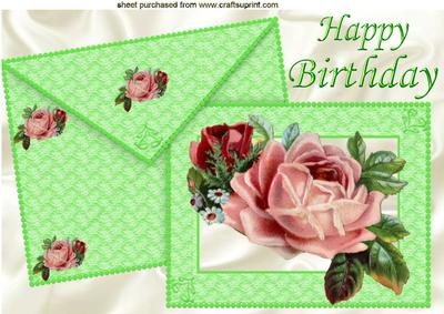 Vintage Pink Roses for a Lady, on Card & Envelope A4